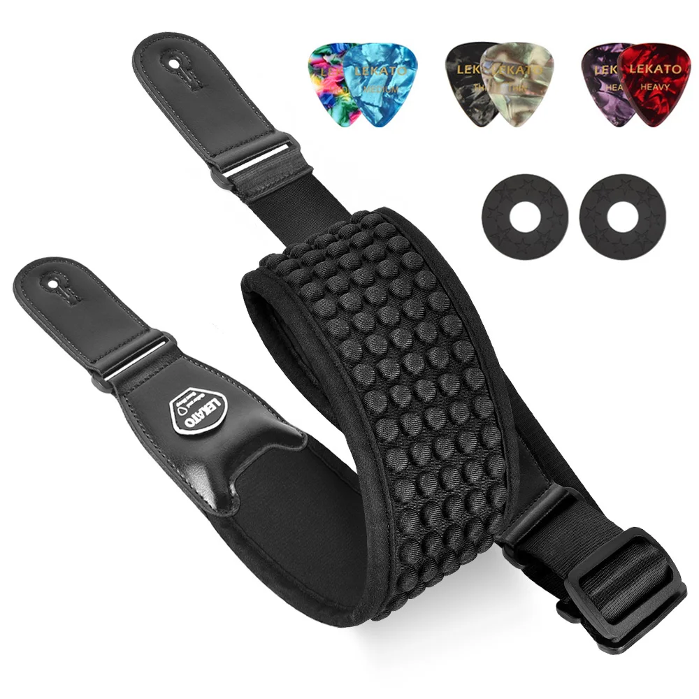 LEKATO 3D Sponge Guitar Strap Belt LGS-1 Adjustable Filling Electric Guitar Strap Bass Belt 3.5" Wide With 6 Picks