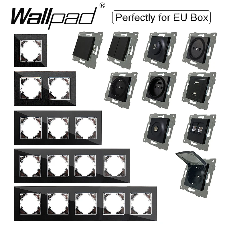 DIY Black Crystal Glass Push Button Switch with Neon 16A EU Poland Socket with USB Fan Dim Cat6 Data Satellite Outlet Wallpad