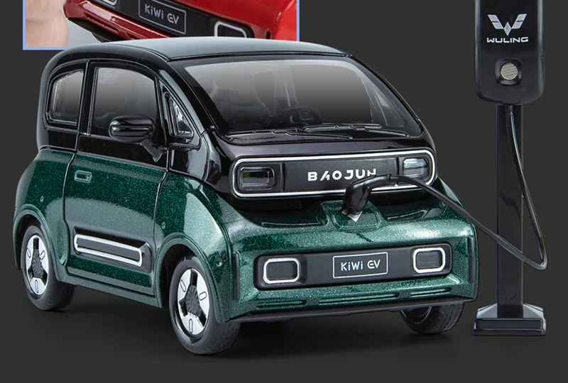 1:18 BAOJUN MINI EV Alloy New Energy Car Model Diecast Metal Toy Vehicles Car Model With Charging Pile Sound and Light Kids Gift