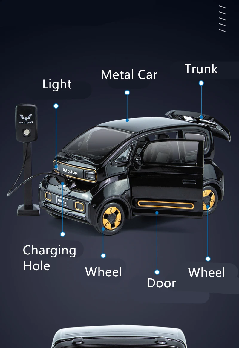 1:18 BAOJUN MINI EV Alloy New Energy Car Model Diecast Metal Toy Vehicles Car Model With Charging Pile Sound and Light Kids Gift