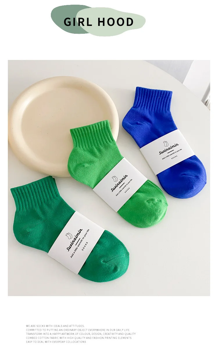 CHAOZHU Women Stretch Rib Cotton Rubber Pressure Althetic Ankle Socks Casual Style Solid Colors Klein Blue Calcetines Female