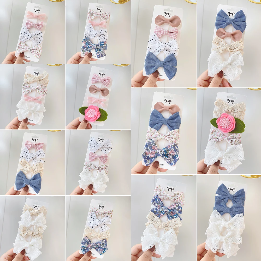 4Pcs/Set Floral Hair Clip Set Girl Cute Bow Flower Lace Trimming Headwear Cartoon Hair Clips Hairpin Headdress Hair Accessories