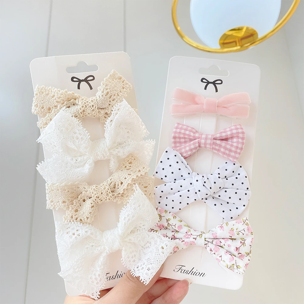 4Pcs/Set Floral Hair Clip Set Girl Cute Bow Flower Lace Trimming Headwear Cartoon Hair Clips Hairpin Headdress Hair Accessories