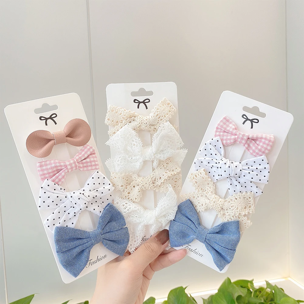 4Pcs/Set Floral Hair Clip Set Girl Cute Bow Flower Lace Trimming Headwear Cartoon Hair Clips Hairpin Headdress Hair Accessories