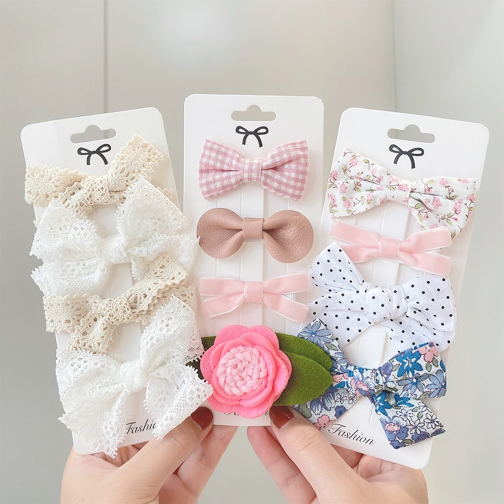 4Pcs/Set Floral Hair Clip Set Girl Cute Bow Flower Lace Trimming Headwear Cartoon Hair Clips Hairpin Headdress Hair Accessories
