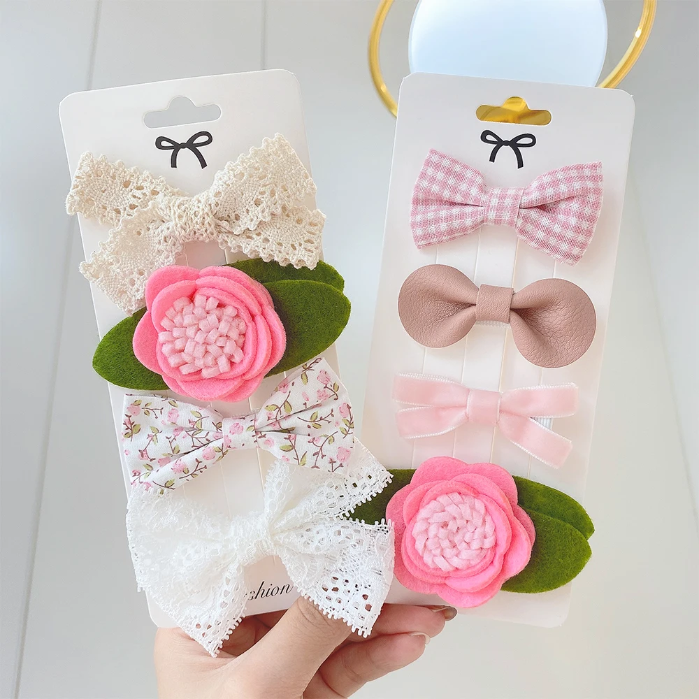4Pcs/Set Floral Hair Clip Set Girl Cute Bow Flower Lace Trimming Headwear Cartoon Hair Clips Hairpin Headdress Hair Accessories
