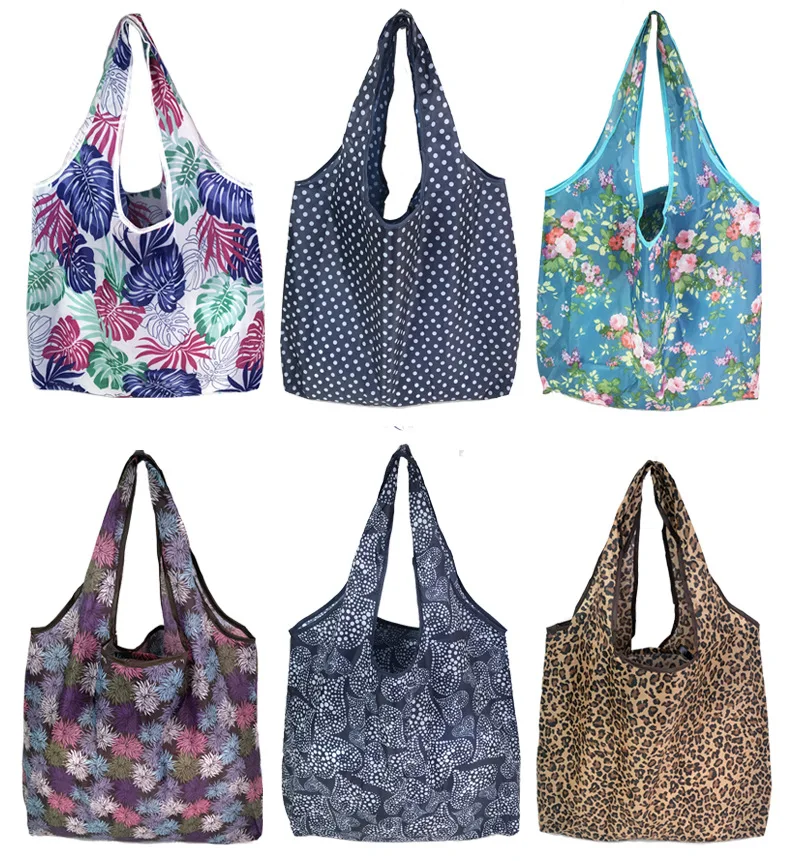 Fashion Printing Foldable Eco-Friendly Shopping Bag Tote Folding Pouch Handbags Convenient Large-capacity for Travel Grocery Bag