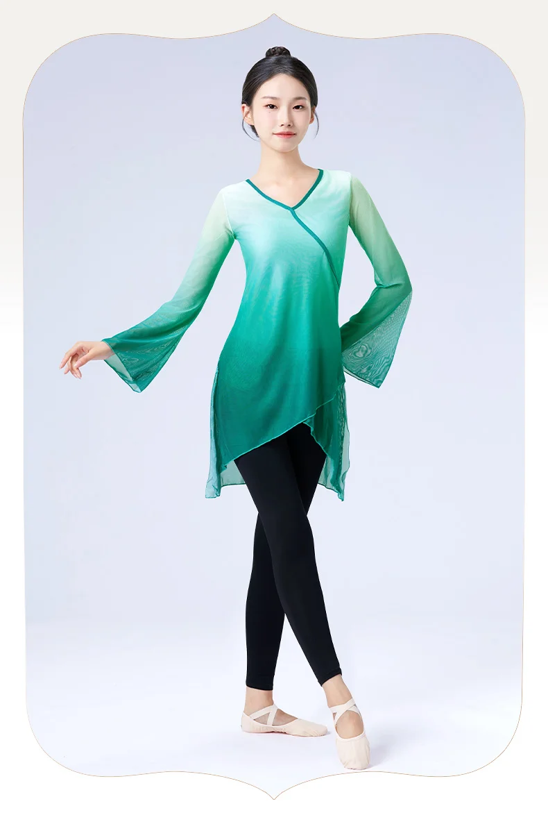 Dance Tops for Women Adults Flare Sleeve Graduated Color Dance Wear Girls Ballet Tops Blue Green Classical Folk Dance Coats