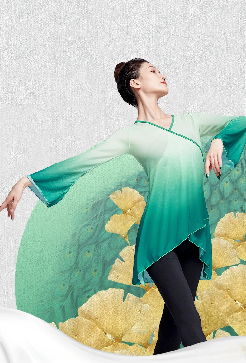 Dance Tops for Women Adults Flare Sleeve Graduated Color Dance Wear Girls Ballet Tops Blue Green Classical Folk Dance Coats