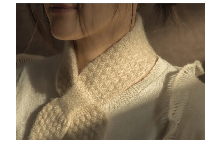 Women 100% Pure Cashmere Knitted Small Bowknot Scarf Neckerchief Moss Stitch Soft Neck Warmer Ring Collar Female Boutique Acc