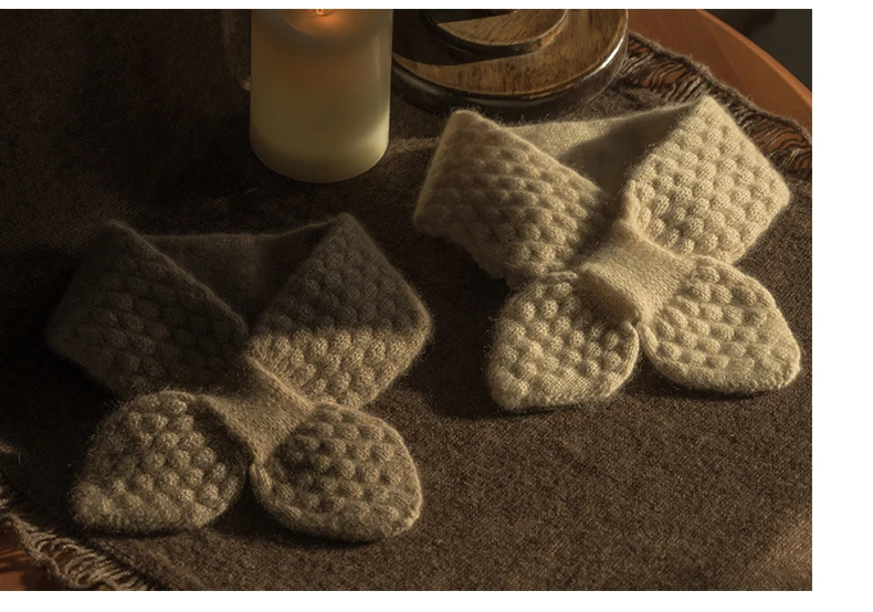 Women 100% Pure Cashmere Knitted Small Bowknot Scarf Neckerchief Moss Stitch Soft Neck Warmer Ring Collar Female Boutique Acc