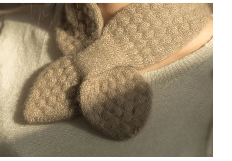Women 100% Pure Cashmere Knitted Small Bowknot Scarf Neckerchief Moss Stitch Soft Neck Warmer Ring Collar Female Boutique Acc