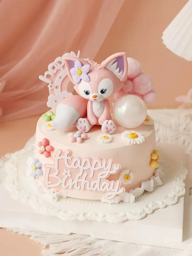 Cute Pink Fox Bow flower Rainbow Cake Toppers Girl's Birthday Dessert Decoration for Children's Day Party Supplies Lovely Gifts