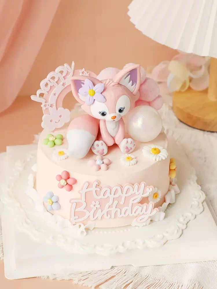 Cute Pink Fox Bow flower Rainbow Cake Toppers Girl's Birthday Dessert Decoration for Children's Day Party Supplies Lovely Gifts