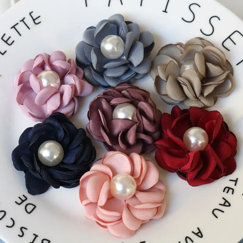 10PCS/Lot 4CM Handmade Pearl Center Fabric Artificial Flowers For Hats Dress Decoration Hair Accessories