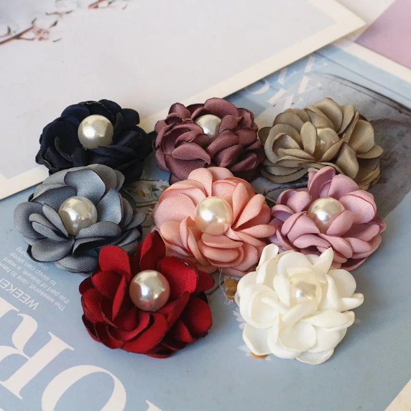 10PCS/Lot 4CM Handmade Pearl Center Fabric Artificial Flowers For Hats Dress Decoration Hair Accessories