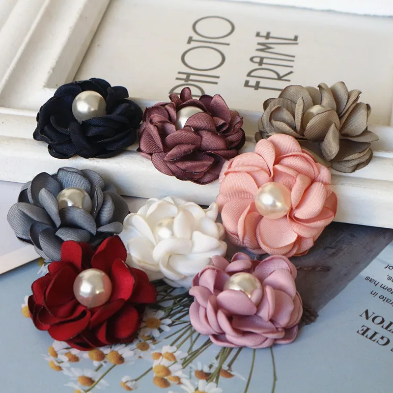10PCS/Lot 4CM Handmade Pearl Center Fabric Artificial Flowers For Hats Dress Decoration Hair Accessories