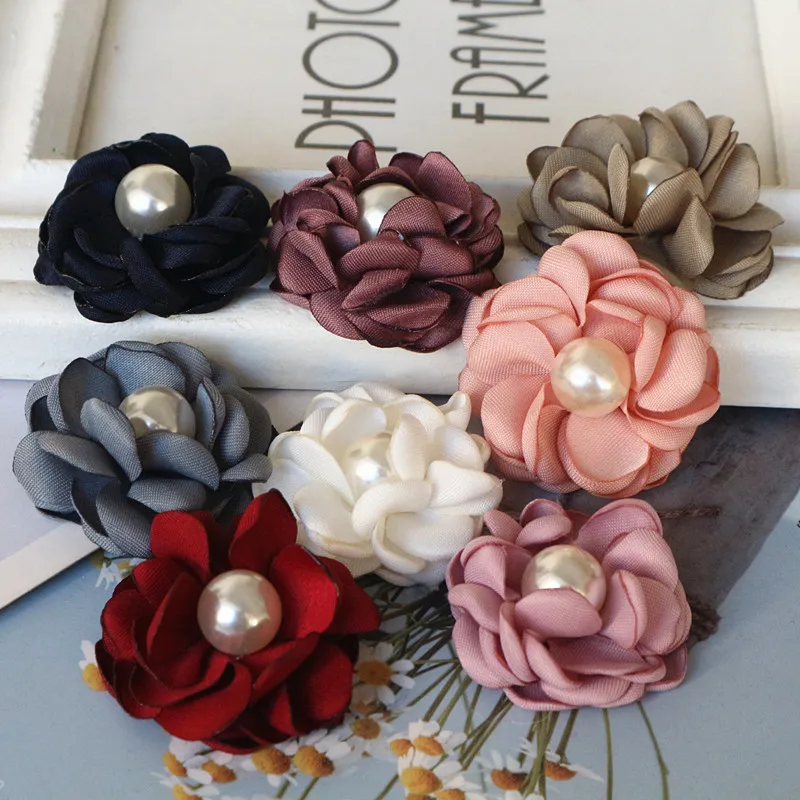 10PCS/Lot 4CM Handmade Pearl Center Fabric Artificial Flowers For Hats Dress Decoration Hair Accessories