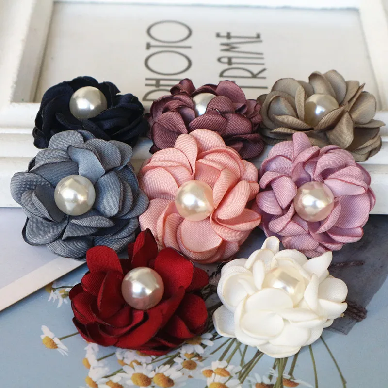 10PCS/Lot 4CM Handmade Pearl Center Fabric Artificial Flowers For Hats Dress Decoration Hair Accessories