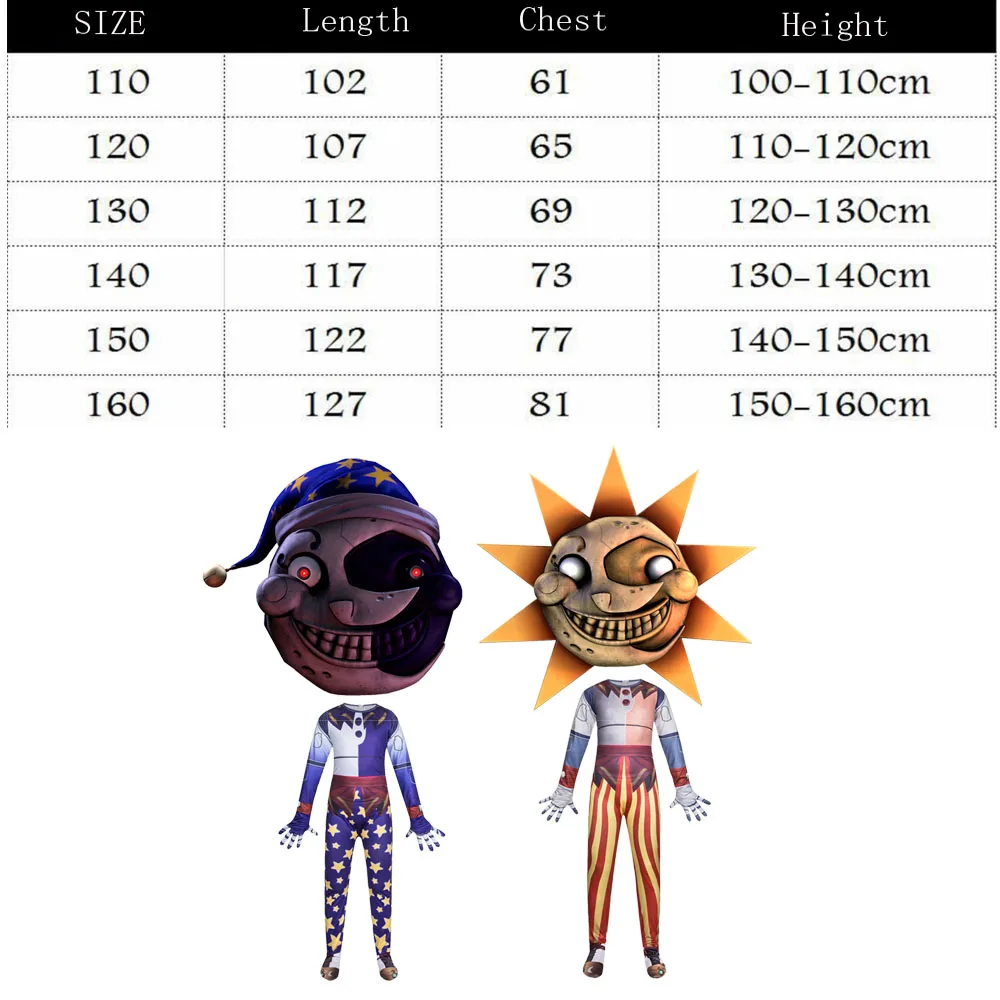 Sundrop And Moondrop FNAF Cosplay Costume Kids Anime Jumpsuit Mask Horror Halloween Christmas Birthday Party Costume