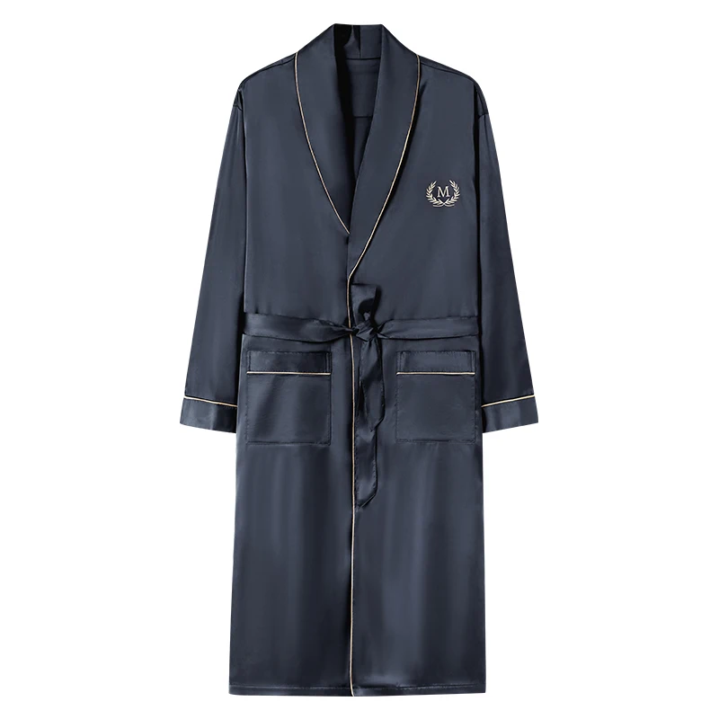Solid Long Robe Men Autumn Long Sleeve Silk Satin Bathrobe Male V-neck Sexy Dressing Gown Men's Homewear Spring Spas Bath Robe