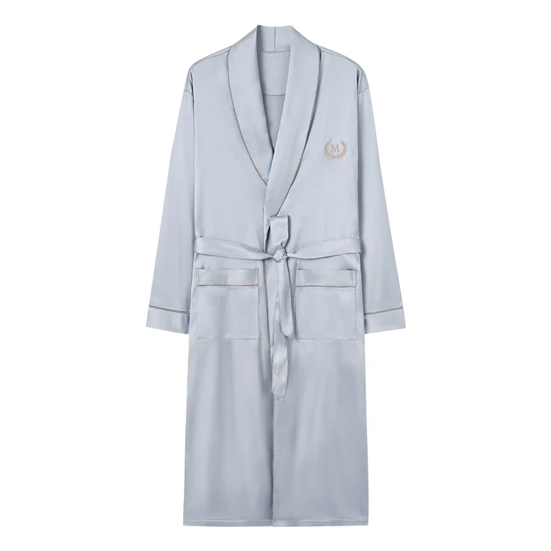 Solid Long Robe Men Autumn Long Sleeve Silk Satin Bathrobe Male V-neck Sexy Dressing Gown Men's Homewear Spring Spas Bath Robe