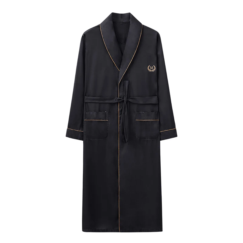 Solid Long Robe Men Autumn Long Sleeve Silk Satin Bathrobe Male V-neck Sexy Dressing Gown Men's Homewear Spring Spas Bath Robe