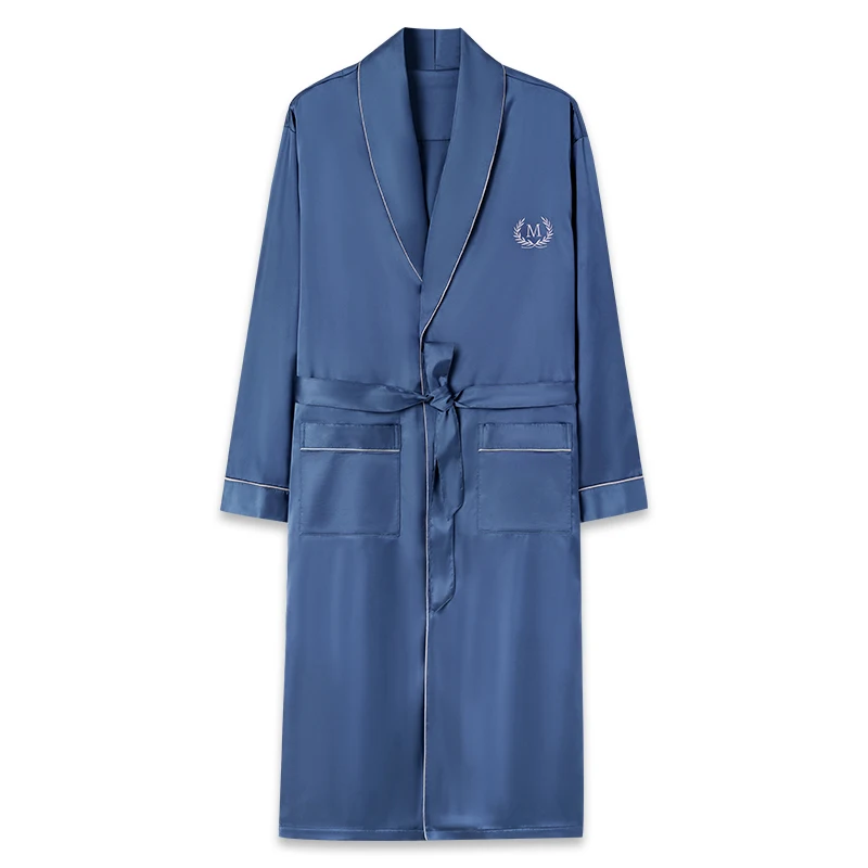 Solid Long Robe Men Autumn Long Sleeve Silk Satin Bathrobe Male V-neck Sexy Dressing Gown Men's Homewear Spring Spas Bath Robe