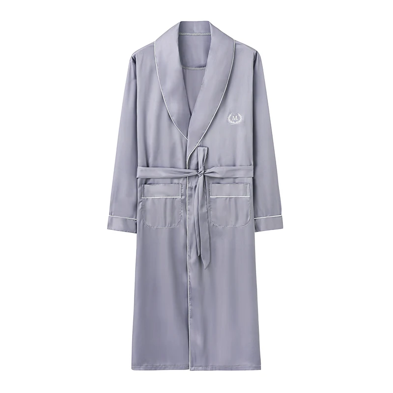 Solid Long Robe Men Autumn Long Sleeve Silk Satin Bathrobe Male V-neck Sexy Dressing Gown Men's Homewear Spring Spas Bath Robe