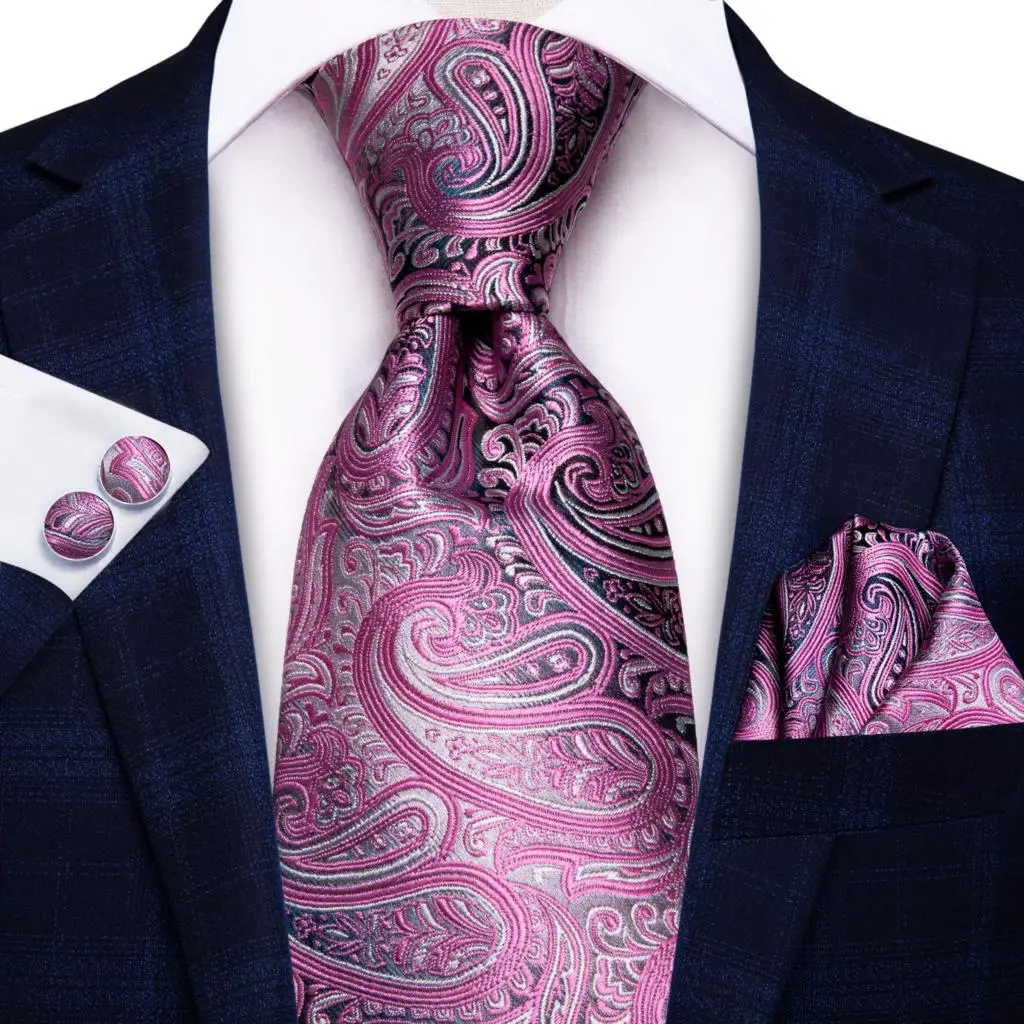 Pink Black Paisley 2023 New Elegant Men's Ties Hanky Cufflinks Silk Neckties For Men Wedding Party Business Fashion Brand Hi-Tie