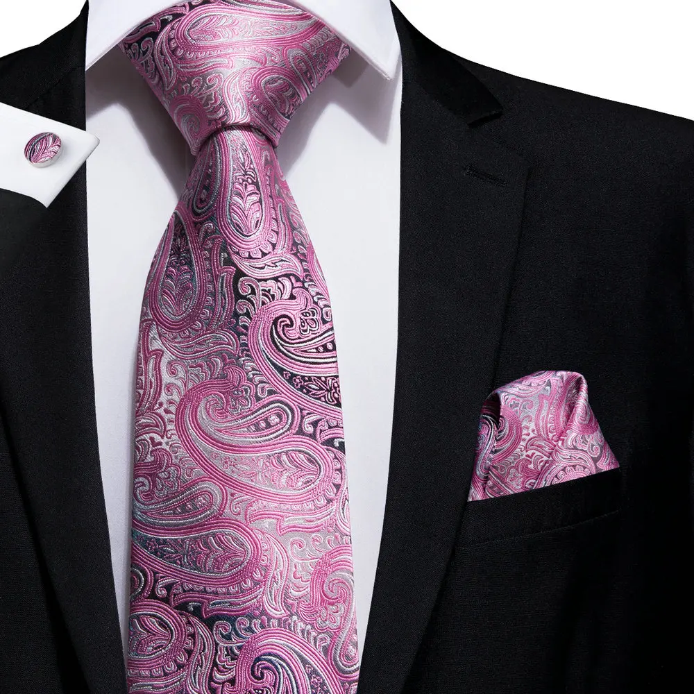 Pink Black Paisley 2023 New Elegant Men's Ties Hanky Cufflinks Silk Neckties For Men Wedding Party Business Fashion Brand Hi-Tie