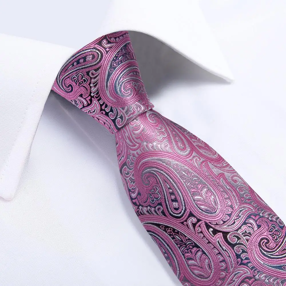 Pink Black Paisley 2023 New Elegant Men's Ties Hanky Cufflinks Silk Neckties For Men Wedding Party Business Fashion Brand Hi-Tie