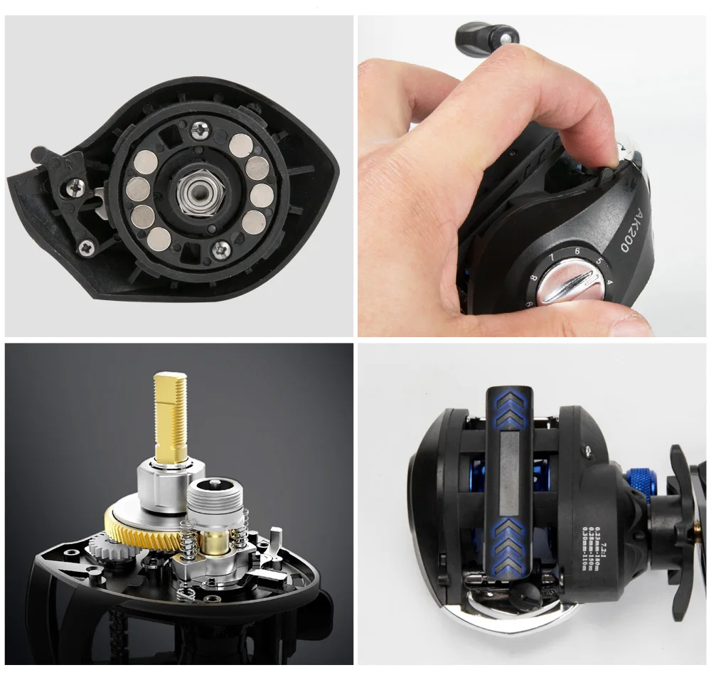 AK200 Metal Scrolls 7.2:1 High Speed Fishing Reel Left Right Hand Baitcasting Reel Brake System 8kg Drag Wheel Bait Casting
