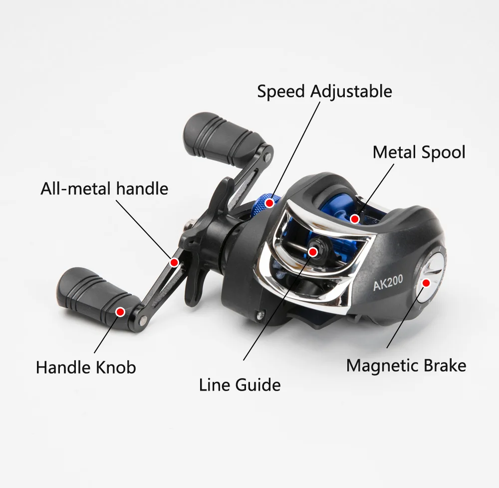 AK200 Metal Scrolls 7.2:1 High Speed Fishing Reel Left Right Hand Baitcasting Reel Brake System 8kg Drag Wheel Bait Casting