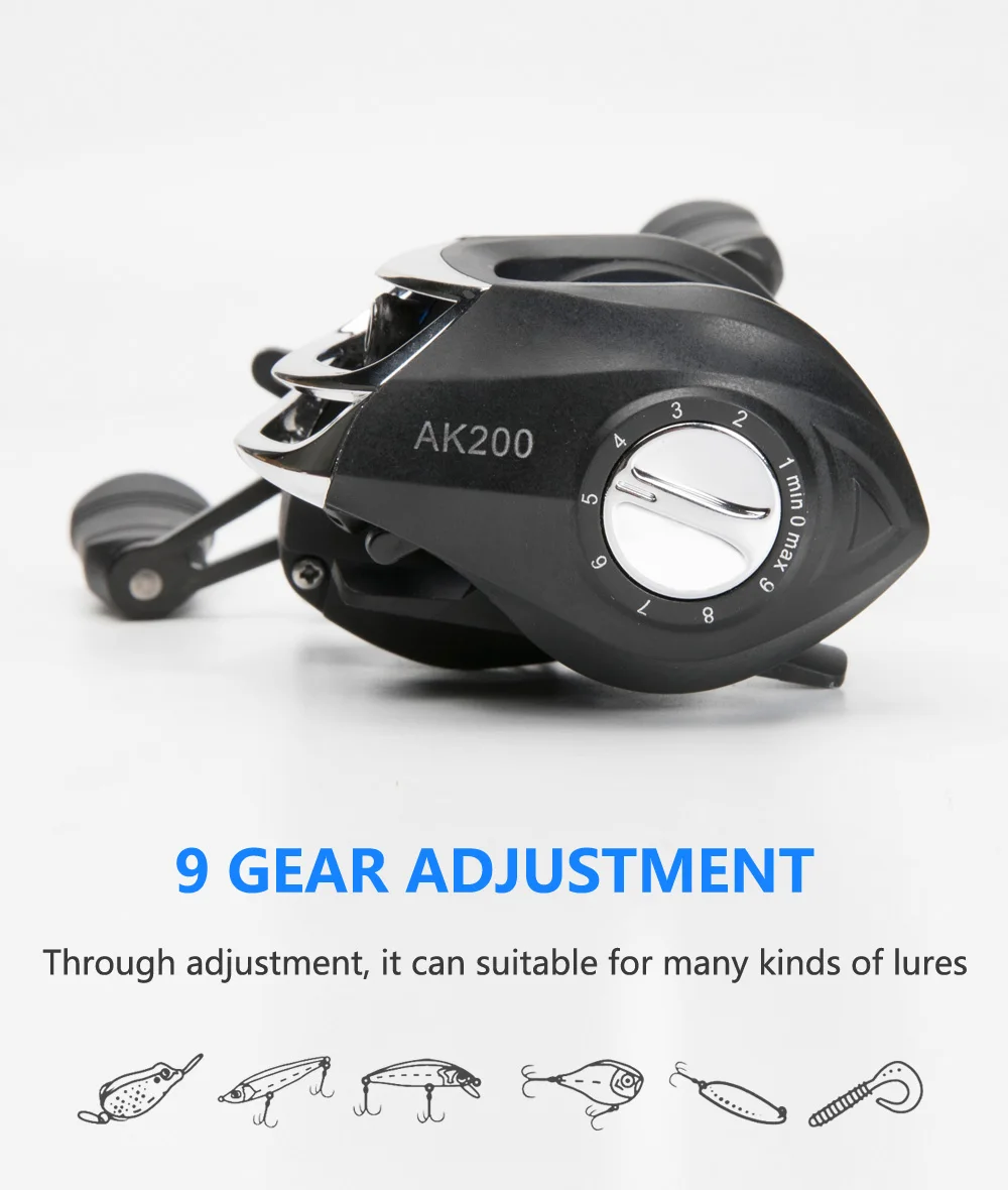 AK200 Metal Scrolls 7.2:1 High Speed Fishing Reel Left Right Hand Baitcasting Reel Brake System 8kg Drag Wheel Bait Casting