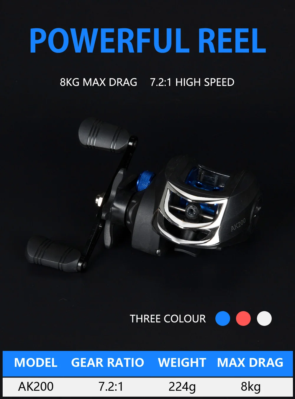 AK200 Metal Scrolls 7.2:1 High Speed Fishing Reel Left Right Hand Baitcasting Reel Brake System 8kg Drag Wheel Bait Casting