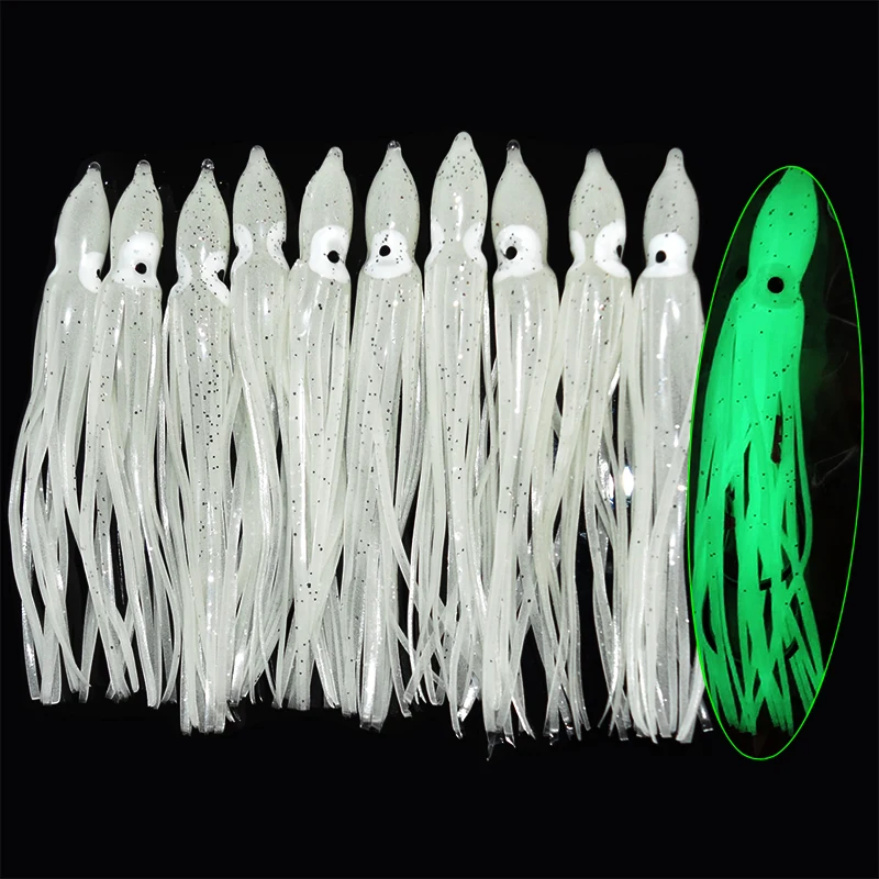 10pcs/lot 12cm Luminous Squid Skirt Saltwater Octopus  Soft Plastic Fishing Lures Trolling Skirts for Sea Bass Salmon Trout