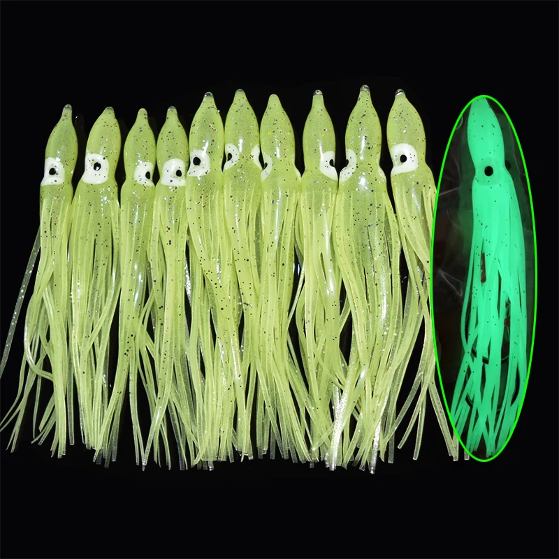 10pcs/lot 12cm Luminous Squid Skirt Saltwater Octopus  Soft Plastic Fishing Lures Trolling Skirts for Sea Bass Salmon Trout