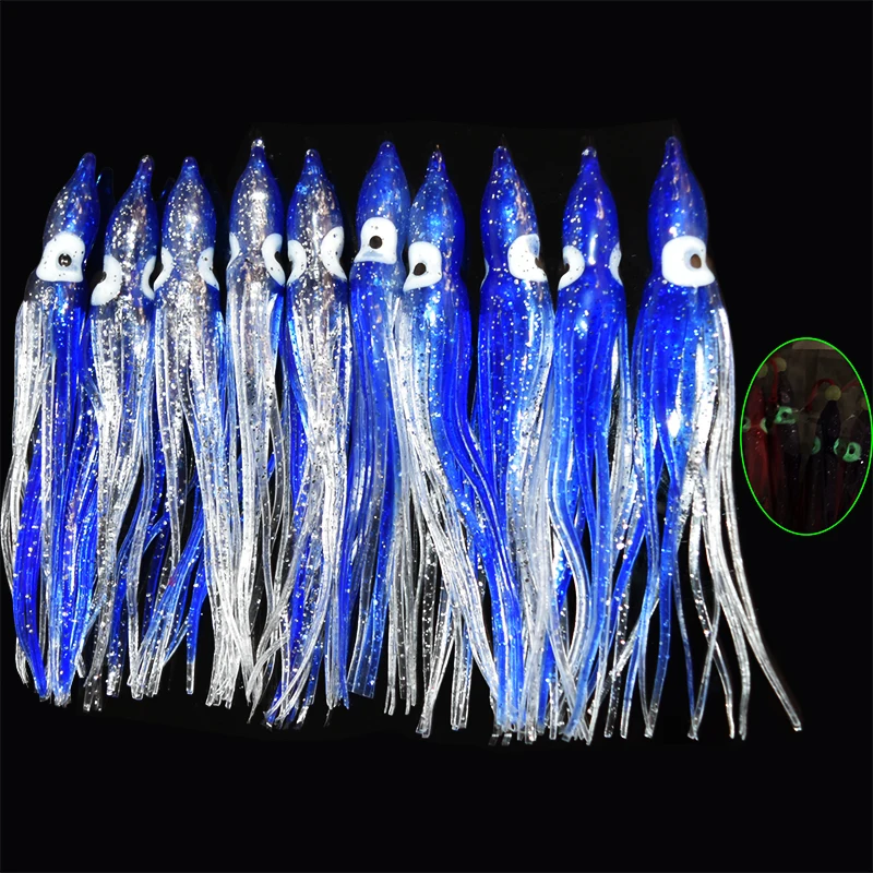 10pcs/lot 12cm Luminous Squid Skirt Saltwater Octopus  Soft Plastic Fishing Lures Trolling Skirts for Sea Bass Salmon Trout