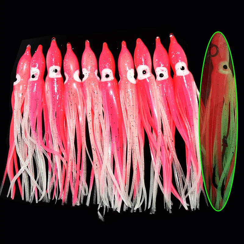 10pcs/lot 12cm Luminous Squid Skirt Saltwater Octopus  Soft Plastic Fishing Lures Trolling Skirts for Sea Bass Salmon Trout