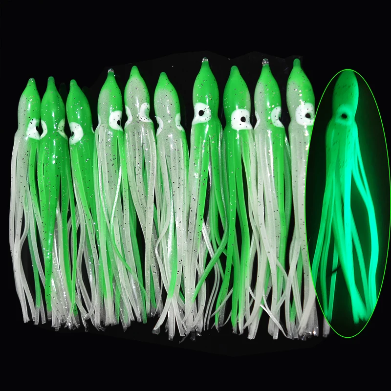 10pcs/lot 12cm Luminous Squid Skirt Saltwater Octopus  Soft Plastic Fishing Lures Trolling Skirts for Sea Bass Salmon Trout