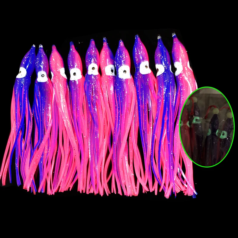 10pcs/lot 12cm Luminous Squid Skirt Saltwater Octopus  Soft Plastic Fishing Lures Trolling Skirts for Sea Bass Salmon Trout