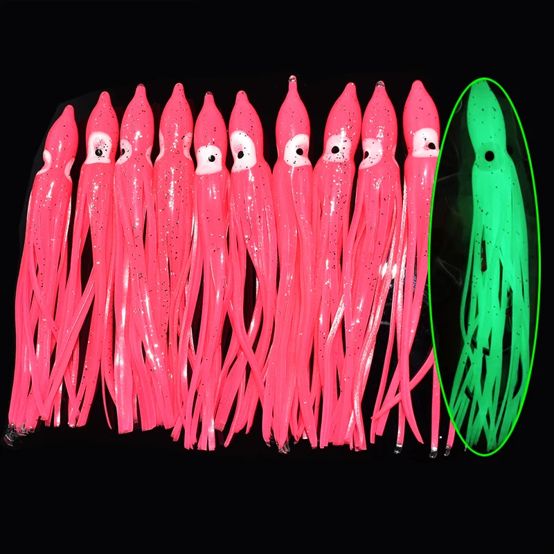 10pcs/lot 12cm Luminous Squid Skirt Saltwater Octopus  Soft Plastic Fishing Lures Trolling Skirts for Sea Bass Salmon Trout