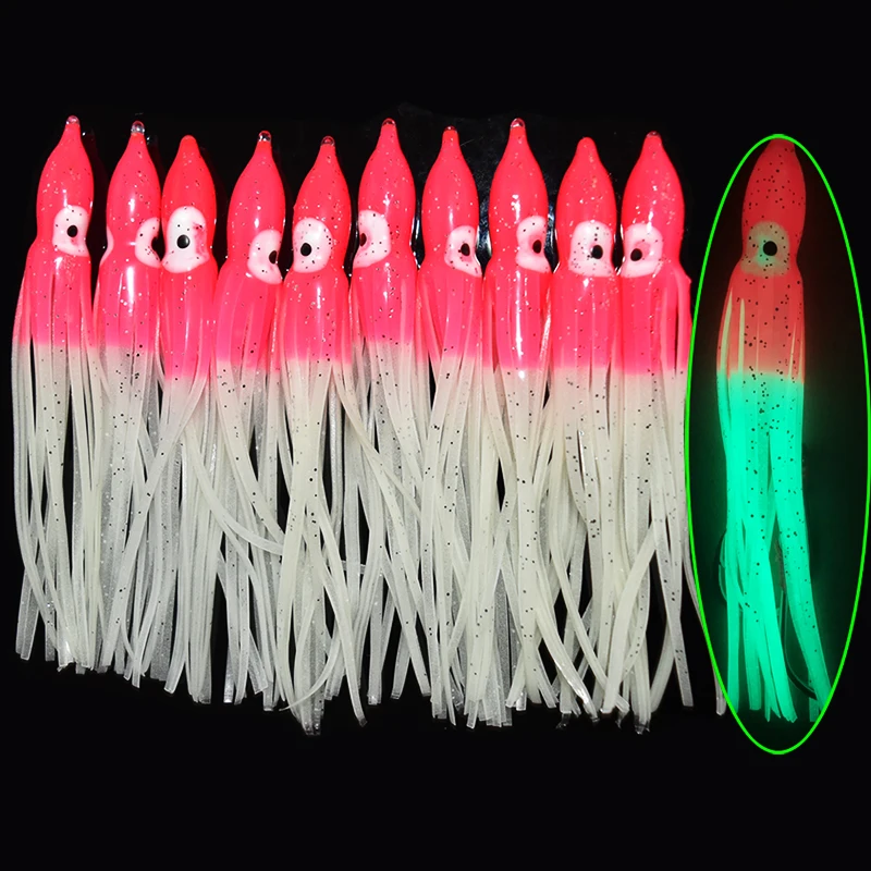 10pcs/lot 12cm Luminous Squid Skirt Saltwater Octopus  Soft Plastic Fishing Lures Trolling Skirts for Sea Bass Salmon Trout