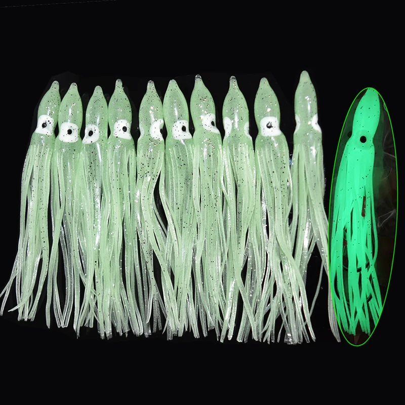 10pcs/lot 12cm Luminous Squid Skirt Saltwater Octopus  Soft Plastic Fishing Lures Trolling Skirts for Sea Bass Salmon Trout