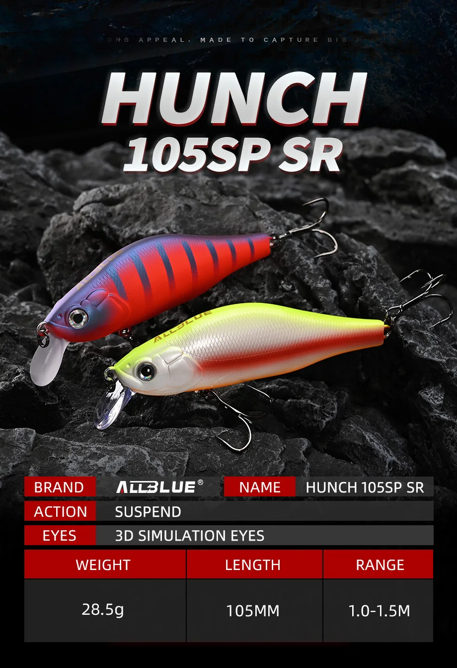ALLBLUE HUNCH 105SP SR Fishing Lure Shad 105mm 28.5g Suspend Wobbler Minnow 1-1.5M Artificial Hard Plastic Bait Bass Pike Tackle