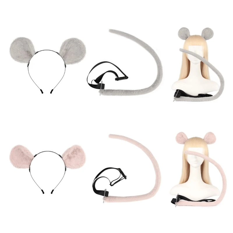 2Pieces Mouse Cat Wolf Tail Ears Headband Set Halloween Christmas Fancy-Party Costume Toy Gift for Woman Men Cosplay