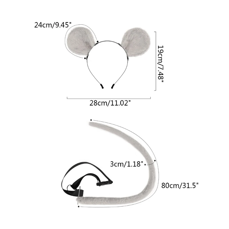 2Pieces Mouse Cat Wolf Tail Ears Headband Set Halloween Christmas Fancy-Party Costume Toy Gift for Woman Men Cosplay