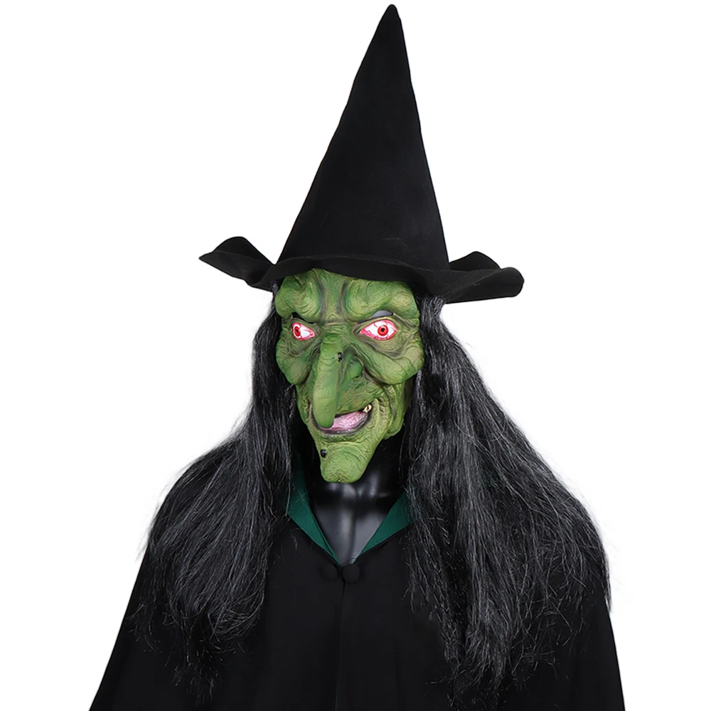 Halloween Horror Old Witch Mask with Hat Cosplay Scary Clown Hag Latex Masks Green Face Big Nose Old Women Costume Party Props