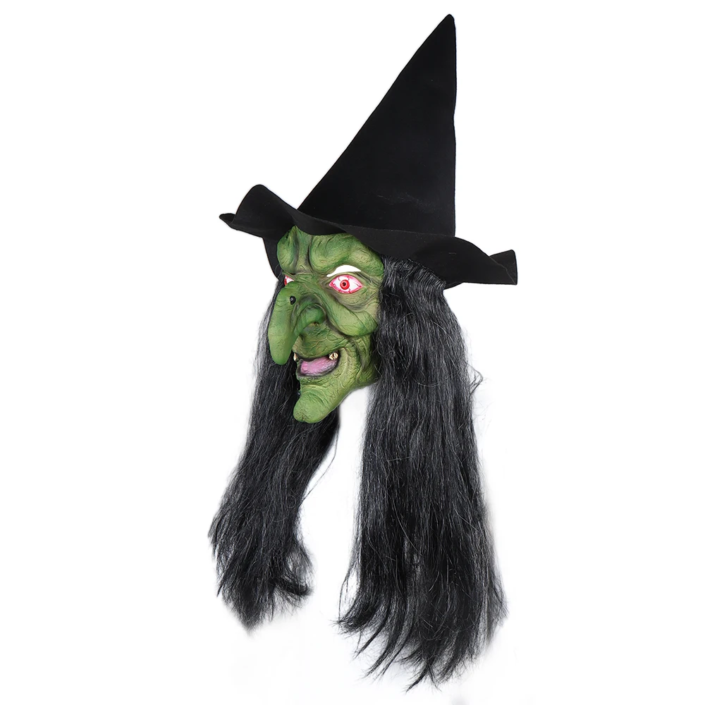 Halloween Horror Old Witch Mask with Hat Cosplay Scary Clown Hag Latex Masks Green Face Big Nose Old Women Costume Party Props